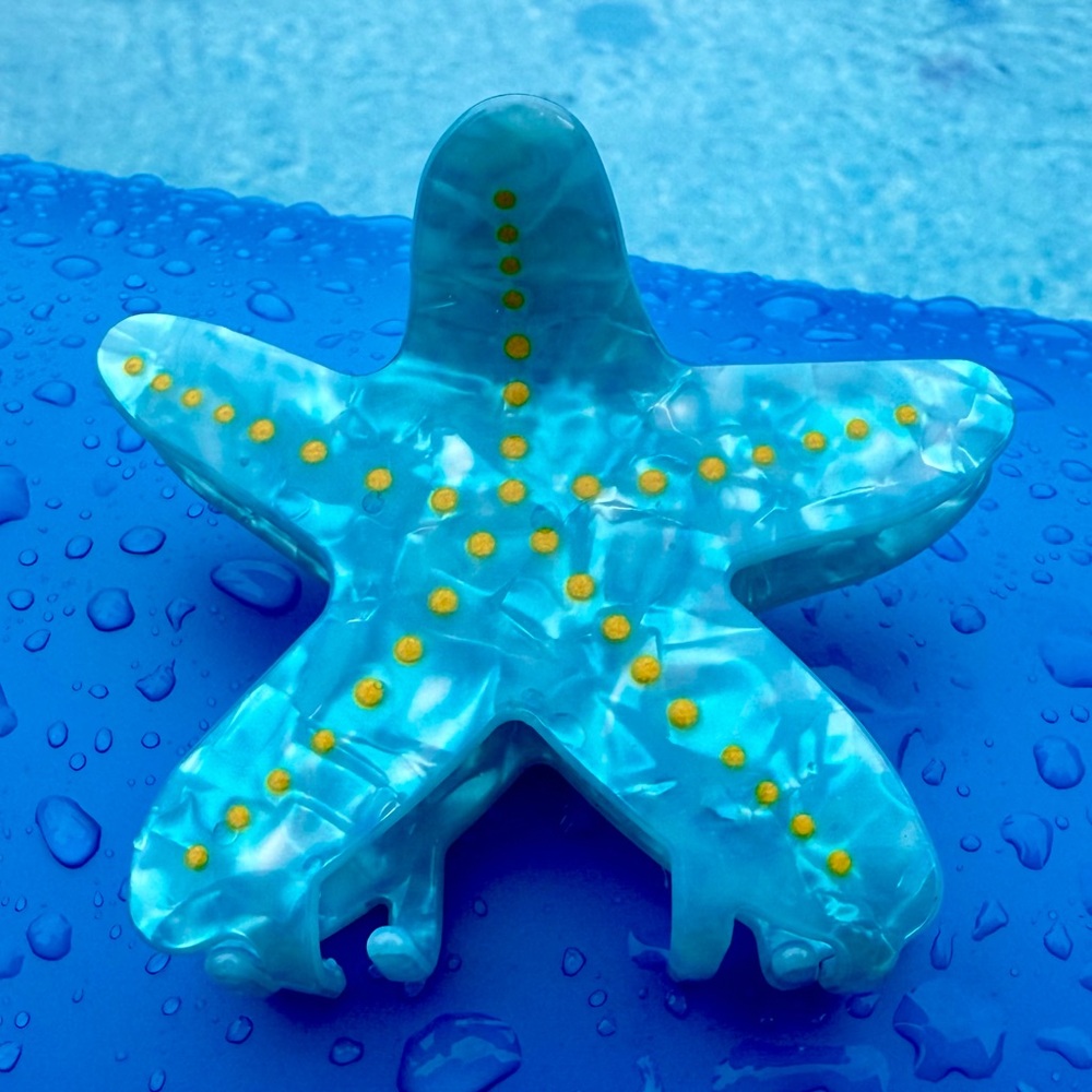 Opalescent Blue Starfish Clip with Yellow Dot Summer Beach Hairclip